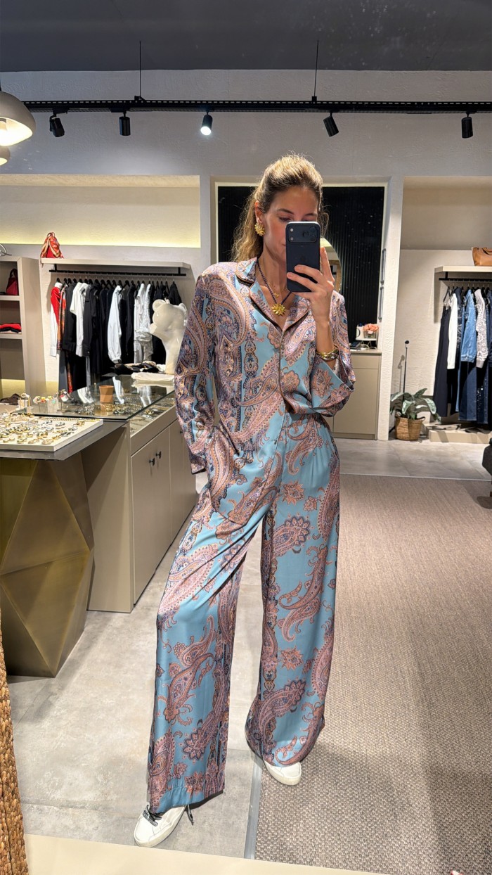 Mavi Desenli İpek Saten Takım