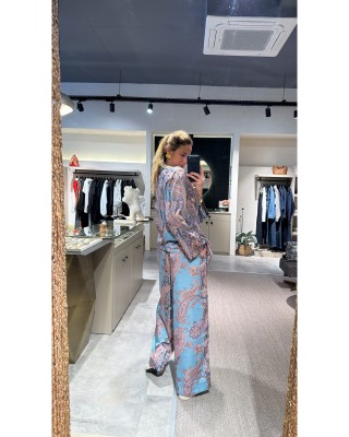 Mavi Desenli İpek Saten Takım