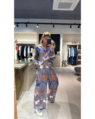 Lacivert Turuncu Desenli İpek Saten Takım