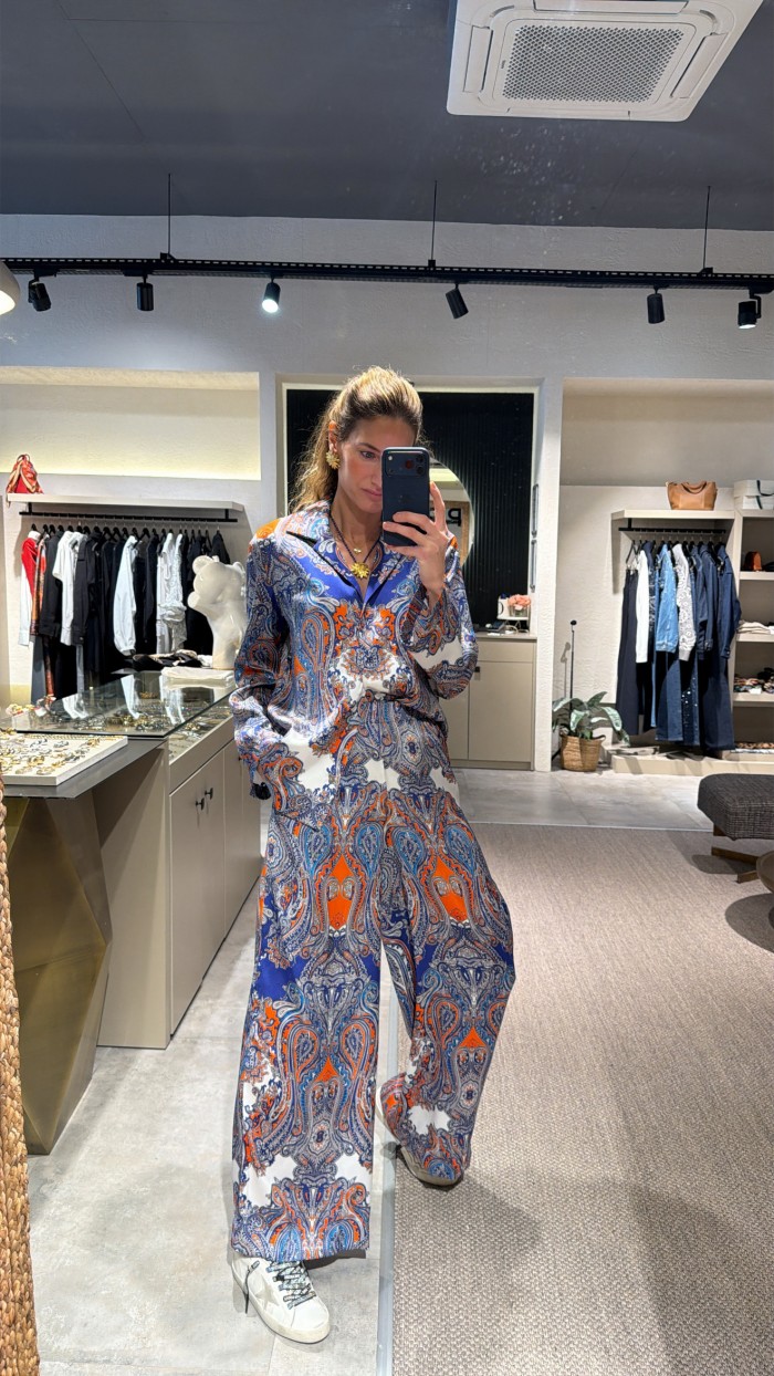 Lacivert Turuncu Desenli İpek Saten Takım