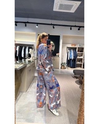 Lacivert Turuncu Desenli İpek Saten Takım