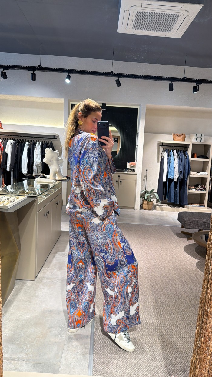 Lacivert Turuncu Desenli İpek Saten Takım