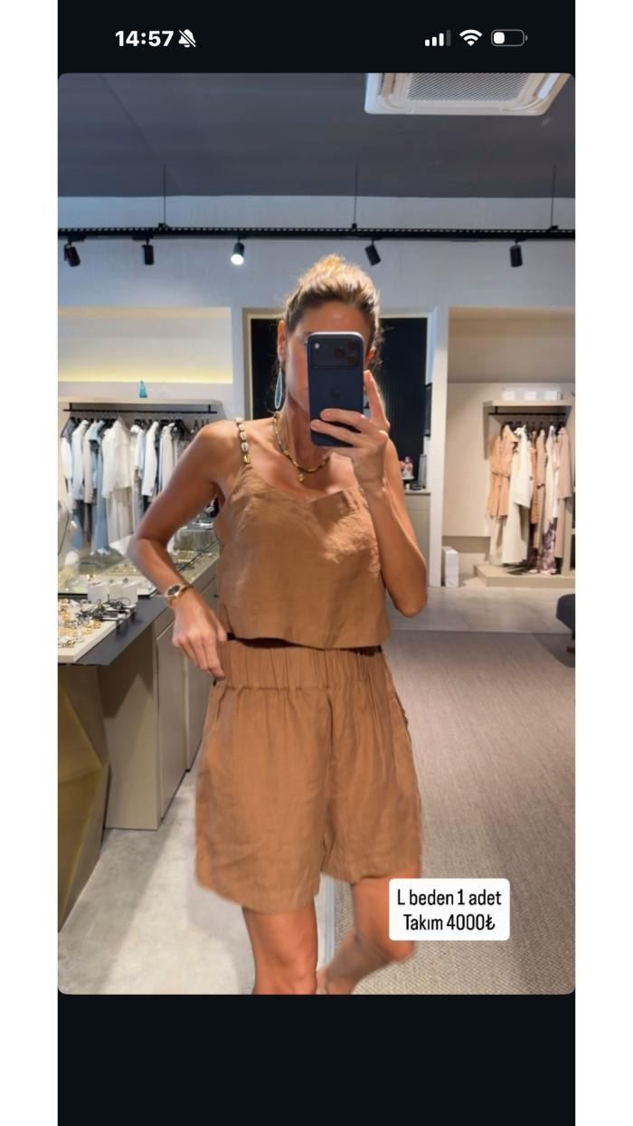 Kahve Keten Midye Detaylı Takım