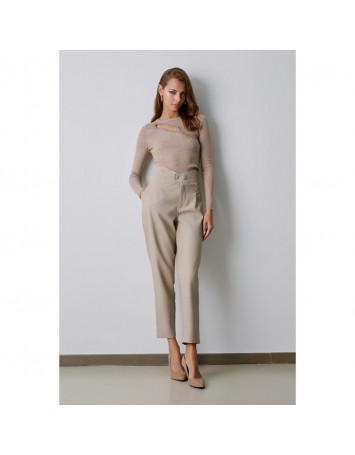 Nakış Detaylı Bej Deri Pantolon