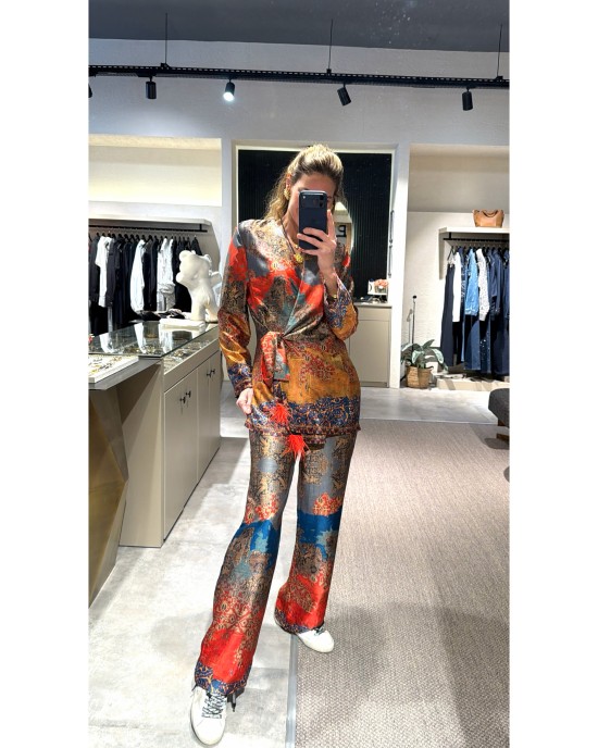 Etnik Desenli Kruvaze Üst ve Pantolon