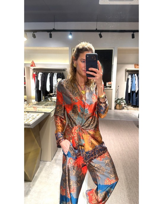 Etnik Desenli Kruvaze Üst ve Pantolon