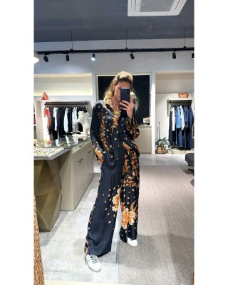 Siyah ve Kahve Desenli İpek Saten Takım