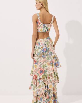 Keten Korsaj Stil Floral Baskılı Crop Top