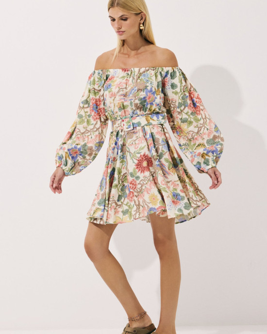 Flaura Keten Floral Baskılı Elbise