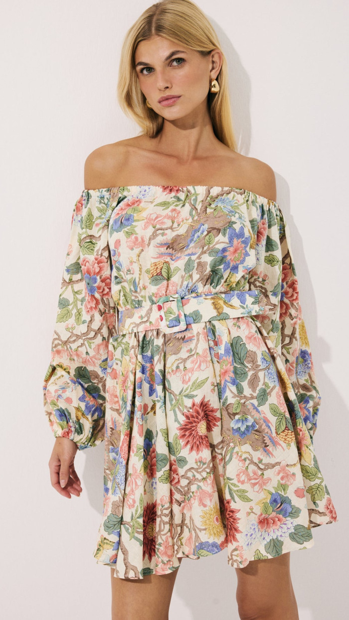 Flaura Keten Floral Baskılı Elbise