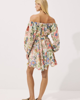 Flaura Keten Floral Baskılı Elbise