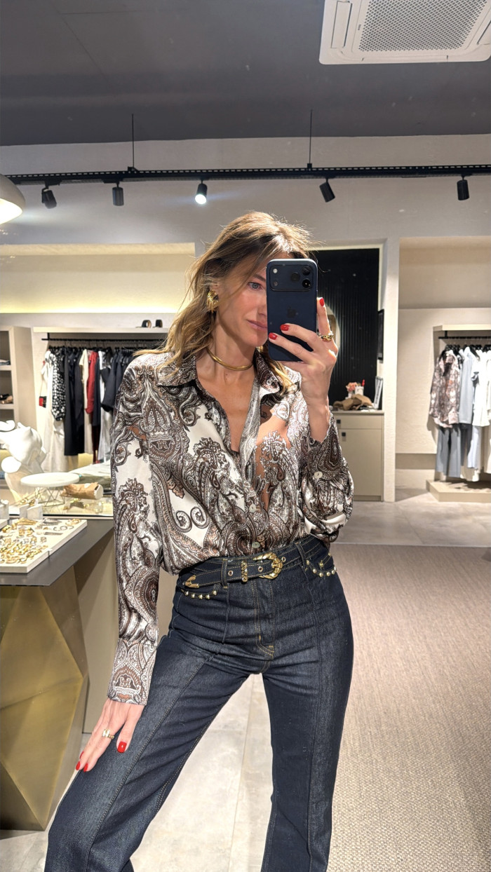 Lovesol Kahve Desenli İpek Gömlek