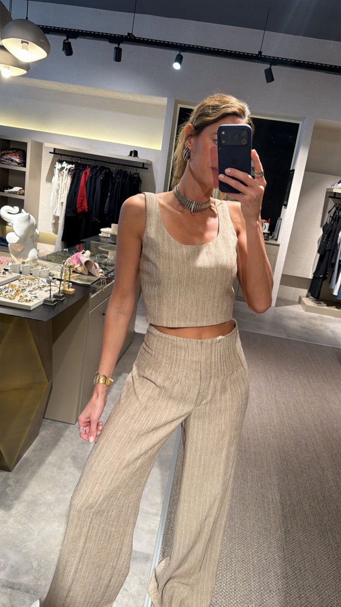 Lovesol Bej Keten Detaylı Crop Top 