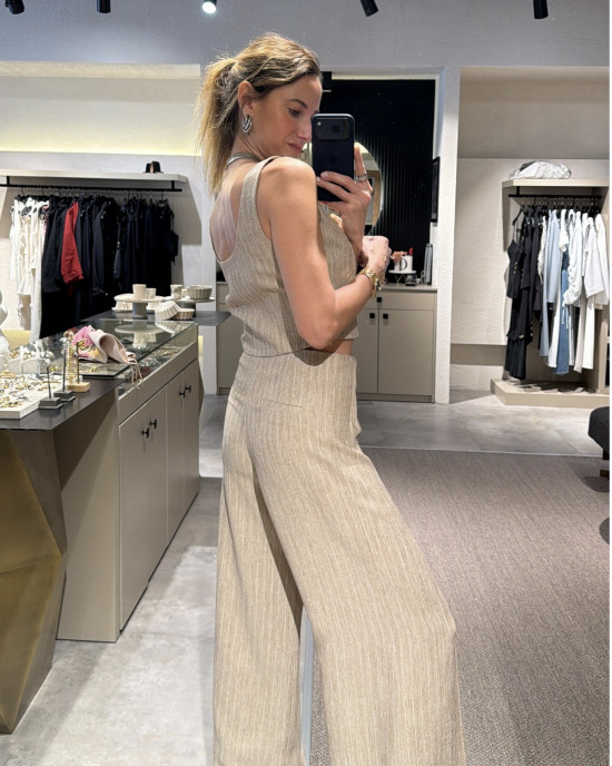 Lovesol Bej Keten Detaylı Pantolon