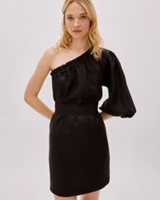 Florence Black Linen One Sleeve Mini Dress