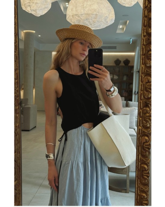 Tamsin Linen Black and Dusty Blue Split Maxi Dress