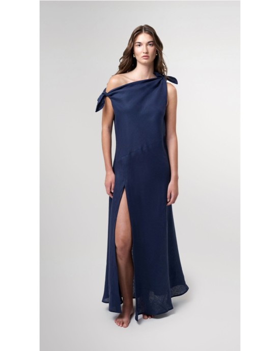 Valeria Navy Off Shoulder Maxi Linen Dress Valeria Navy Off Shoulder Maxi Linen Dress