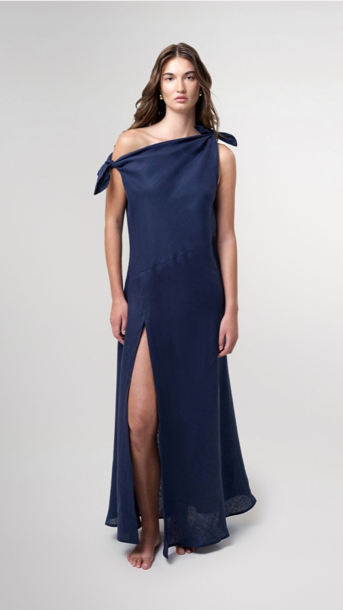 Valeria Navy Off Shoulder Maxi Linen Dress