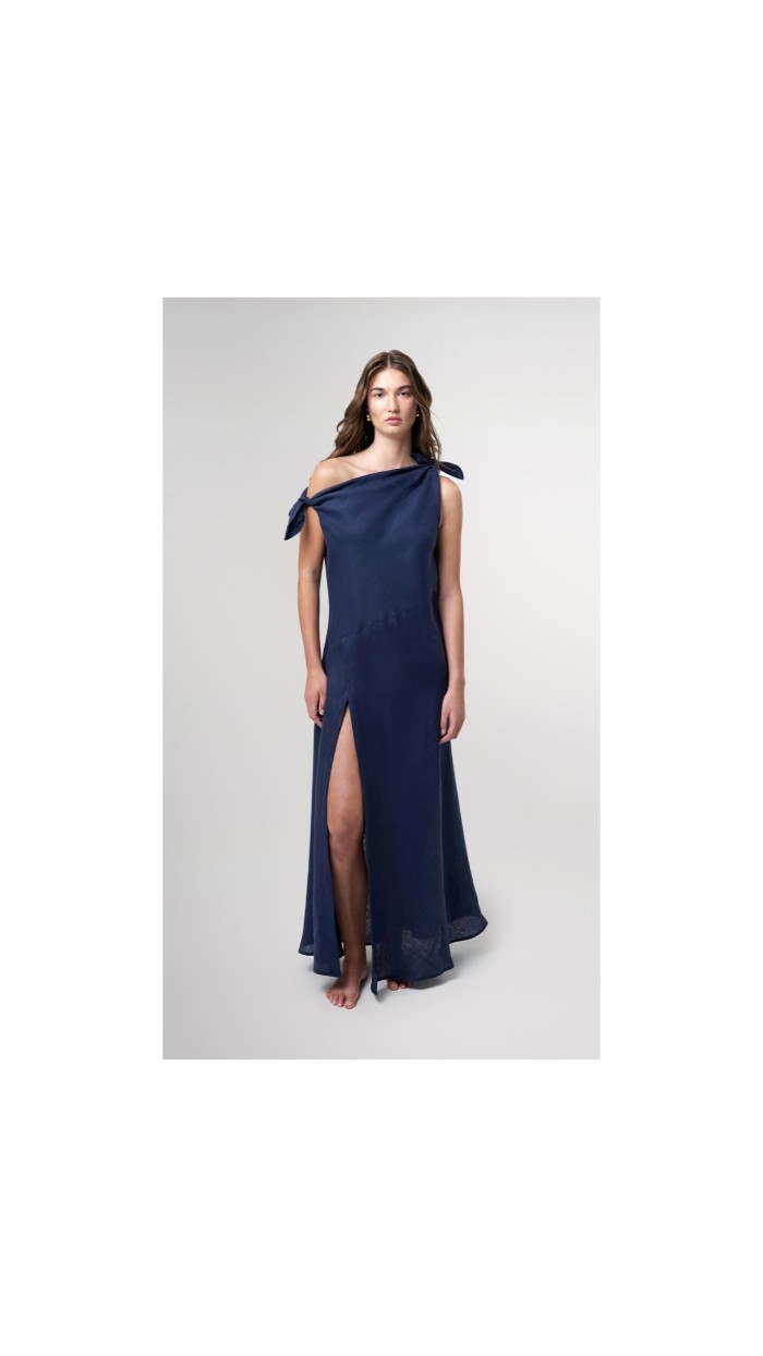 Valeria Navy Off Shoulder Maxi Linen Dress