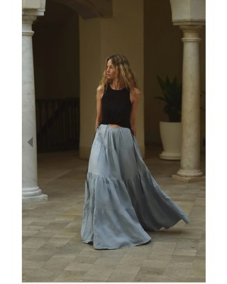 Tamsin Linen Black and Dusty Blue Split Maxi Dress