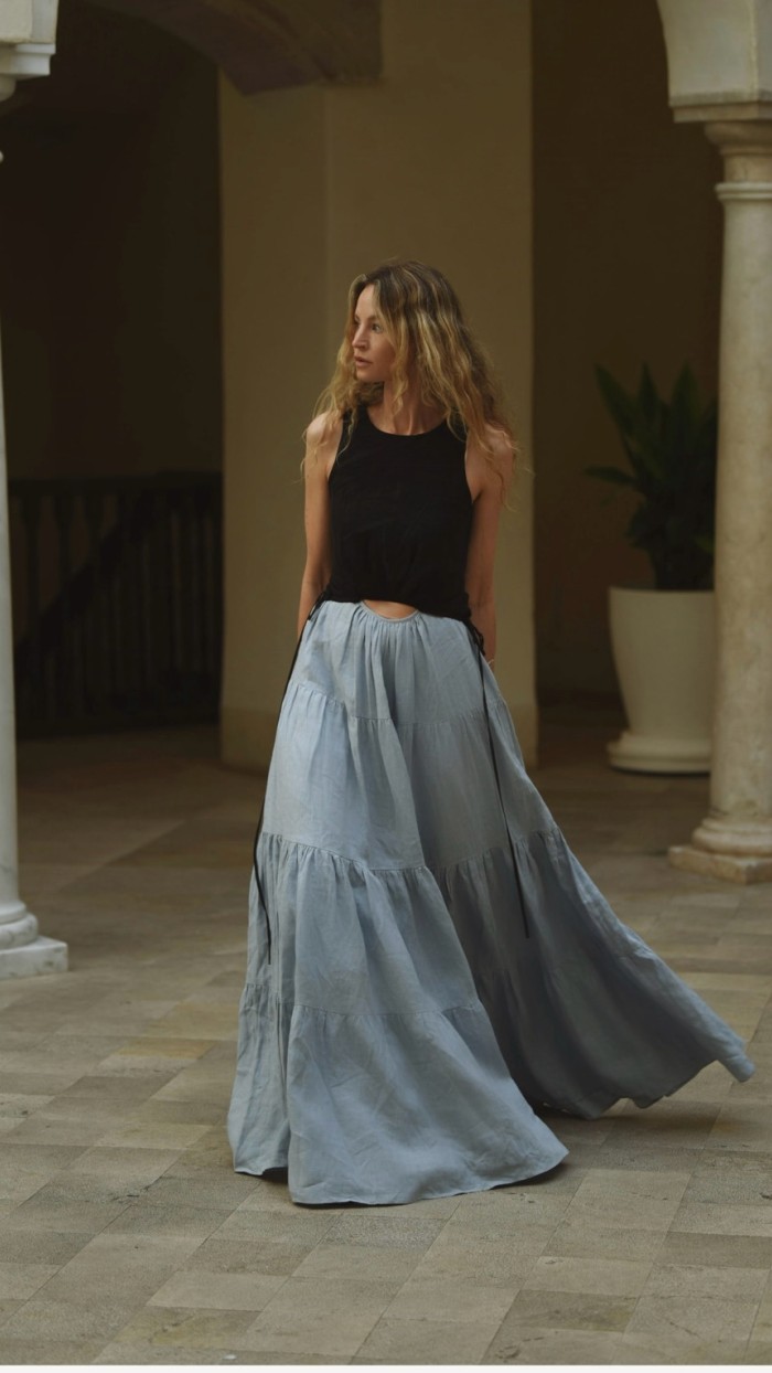 Tamsin Linen Black and Dusty Blue Split Maxi Dress