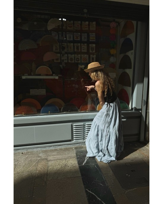 Tamsin Linen Black and Dusty Blue Split Maxi Dress