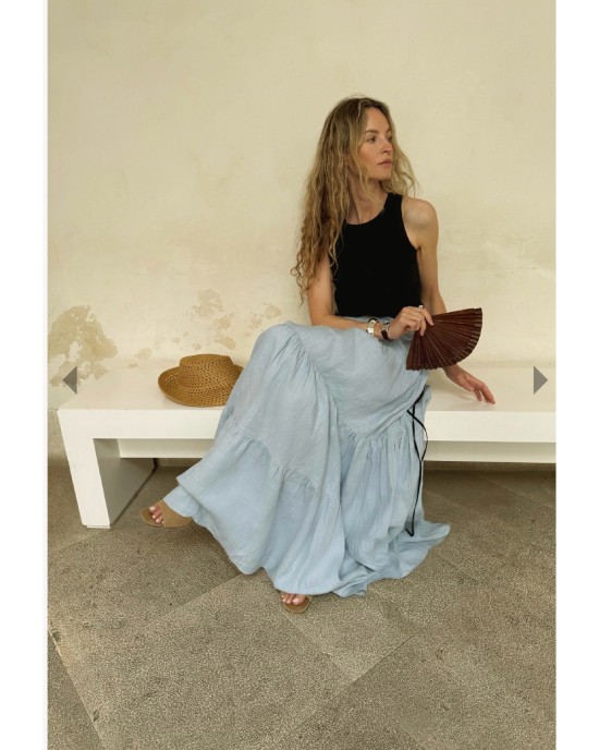 Tamsin Linen Black and Dusty Blue Split Maxi Dress