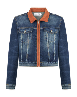 Şeritli Taşlanmış Lacivert Denim Ceket