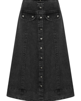 Taş Düğmeli Antrasit Denim Midi Etek