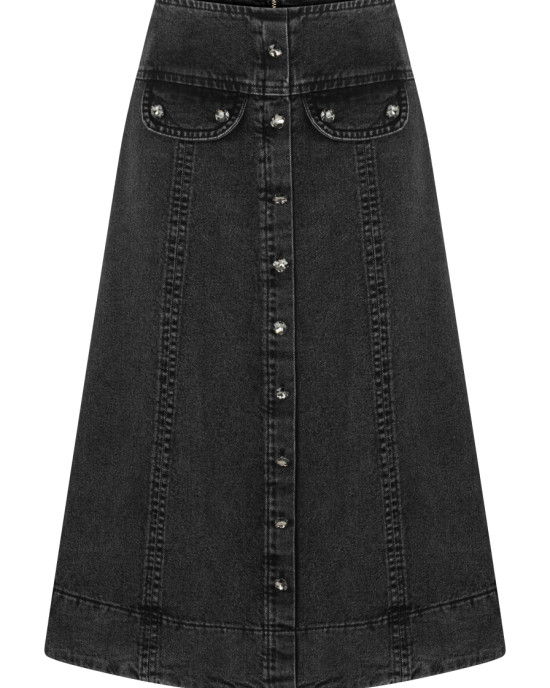 Taş Düğmeli Antrasit Denim Midi Etek