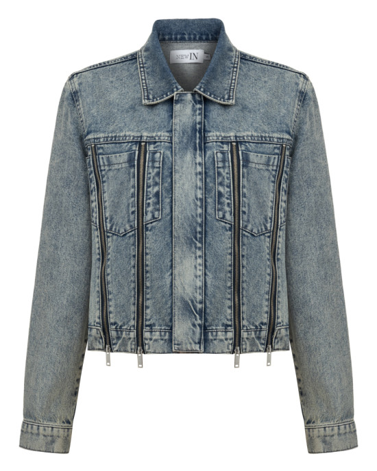 Taşlanmış Fermuar Detaylı Denim Ceket Taşlanmış Fermuar Detaylı Denim Ceket