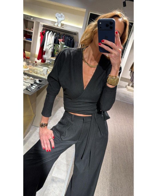 Yumuşak Dokulu Kruvaze Antrasit Bluz