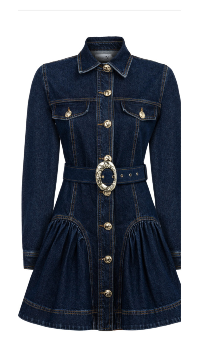Uzun Kollu Kemerli Lacivert Denim Elbise