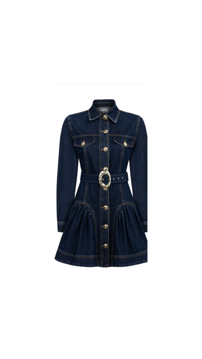 Uzun Kollu Kemerli Lacivert Denim Elbise