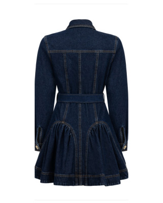 Uzun Kollu Kemerli Lacivert Denim Elbise
