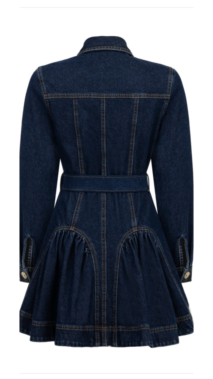 Uzun Kollu Kemerli Lacivert Denim Elbise Uzun Kollu Kemerli Lacivert Denim Elbise