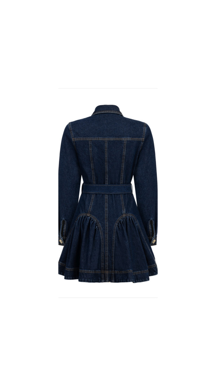Uzun Kollu Kemerli Lacivert Denim Elbise