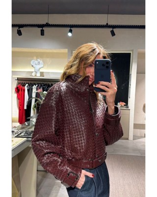 Bordo Örgü Deri Ceket