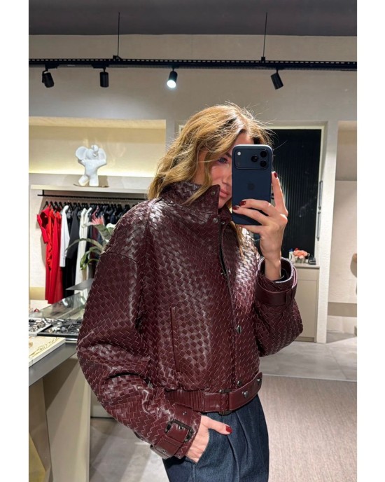 Bordo Örgü Deri Ceket