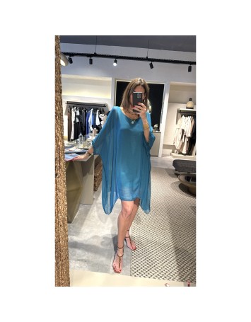 Turkuaz Volanlı İpek Elbise 