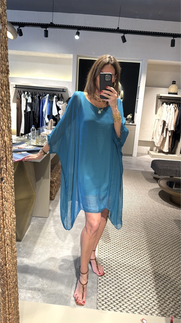 Turkuaz Volanlı İpek Elbise 