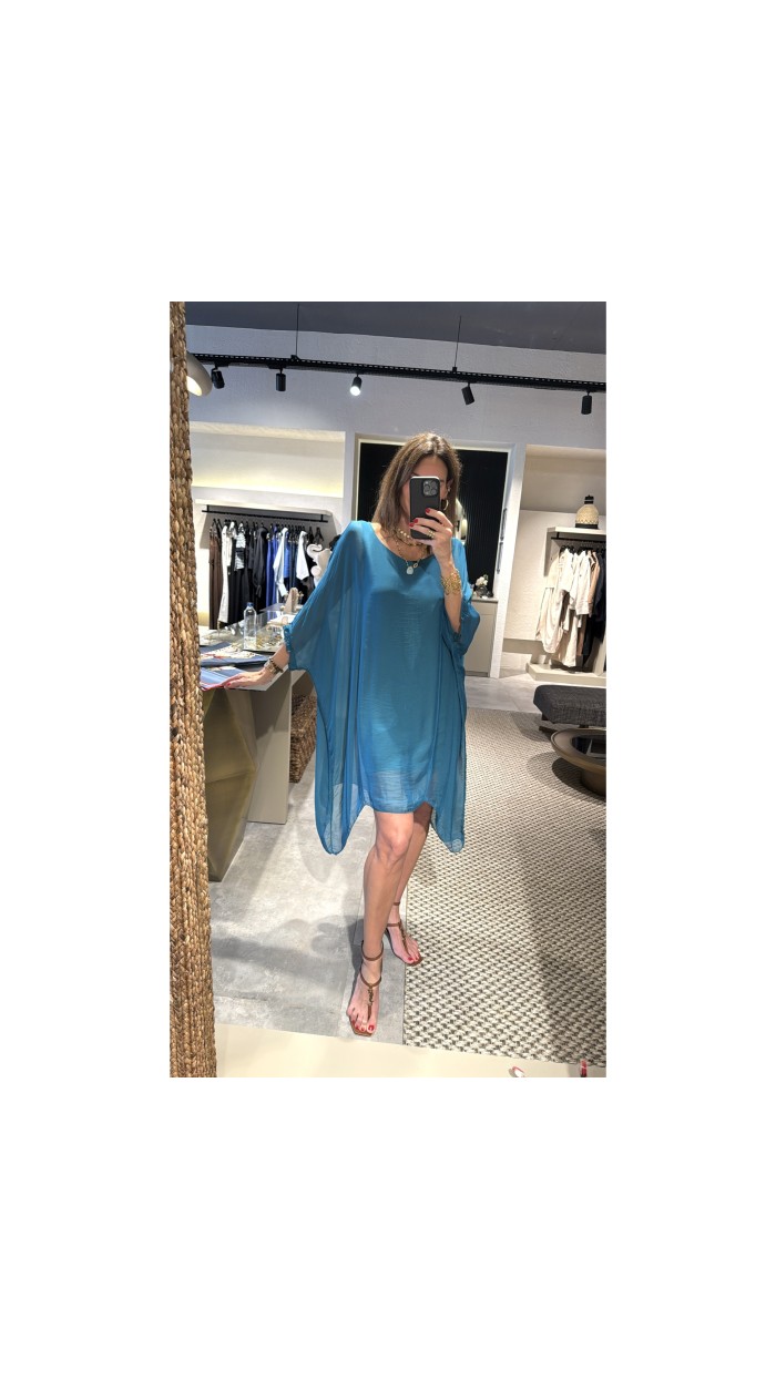 Turkuaz Volanlı İpek Elbise 