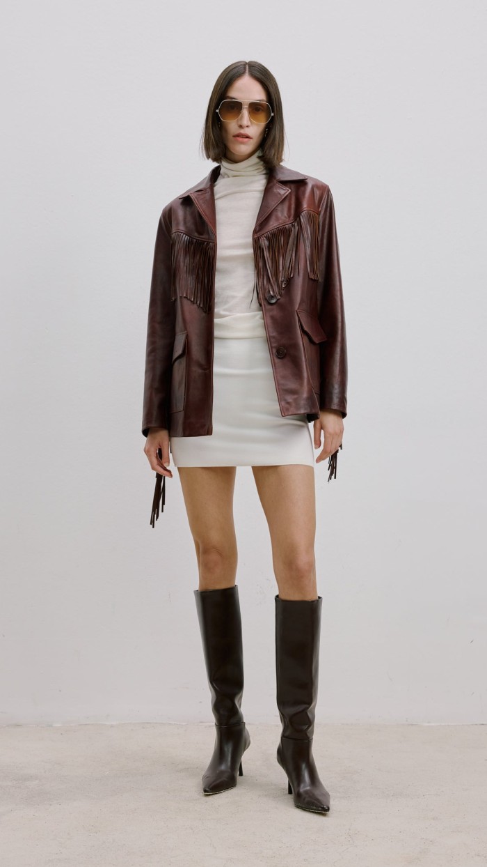 Püsküllü Bordo  Deri Blazer Ceket