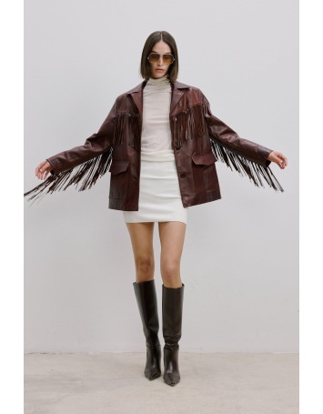 Püsküllü Bordo  Deri Blazer Ceket