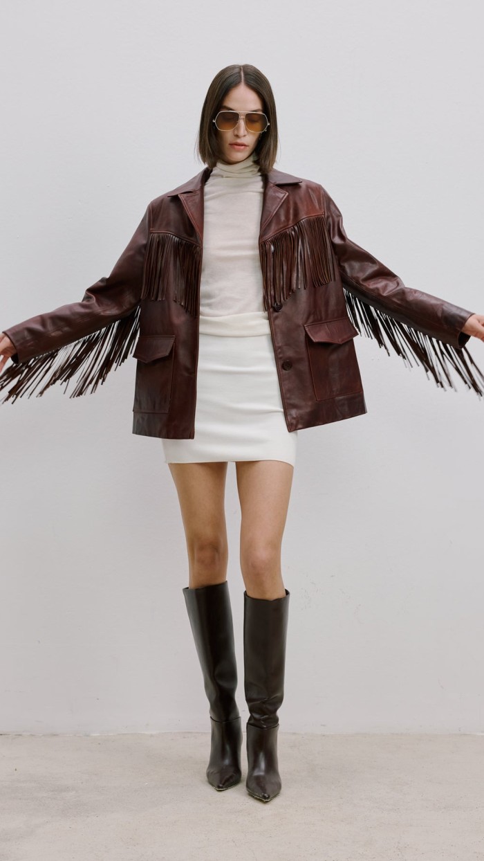 Püsküllü Bordo  Deri Blazer Ceket