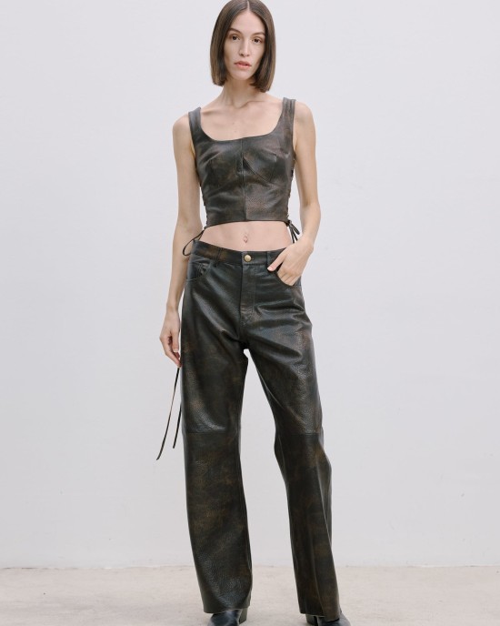 Geniş Kesim Deri Pantolon
