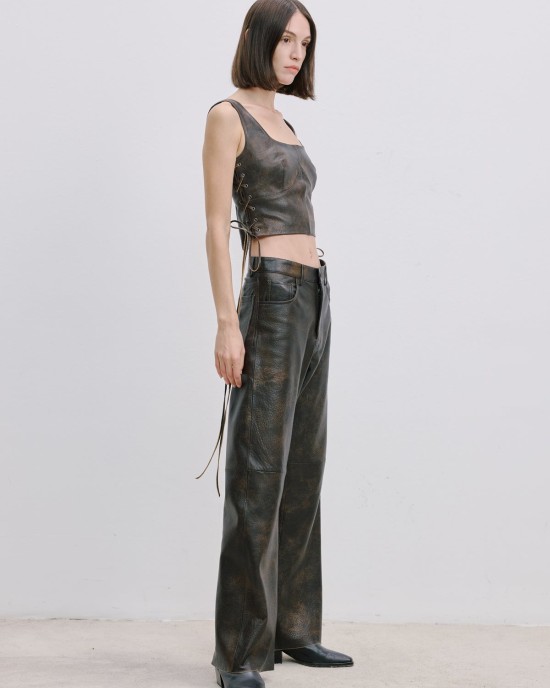 Geniş Kesim Deri Pantolon