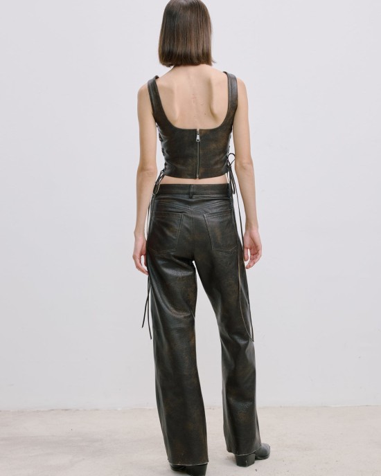Geniş Kesim Deri Pantolon