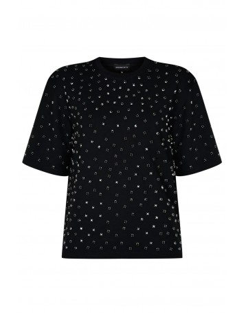 Siyah Taş İşlemeli Vatkalı Yarım Kollu Tişört