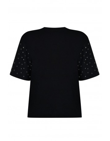 Siyah Taş İşlemeli Vatkalı Yarım Kollu Tişört